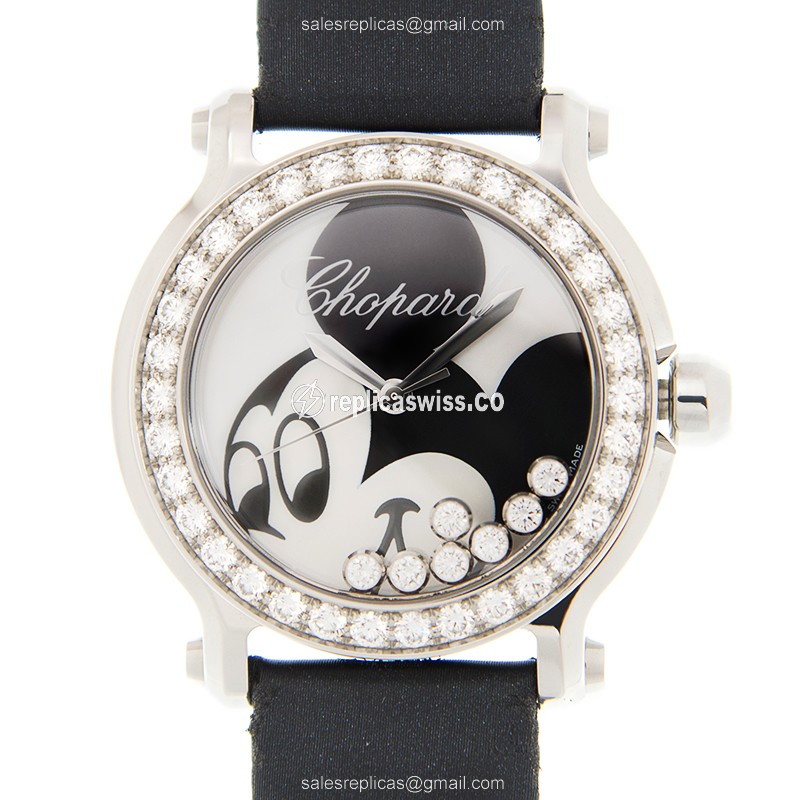 Chopard Happy Sport Replica - Quartz - Diamond - White Dial - Leather Black Strap - Buckle Clasp